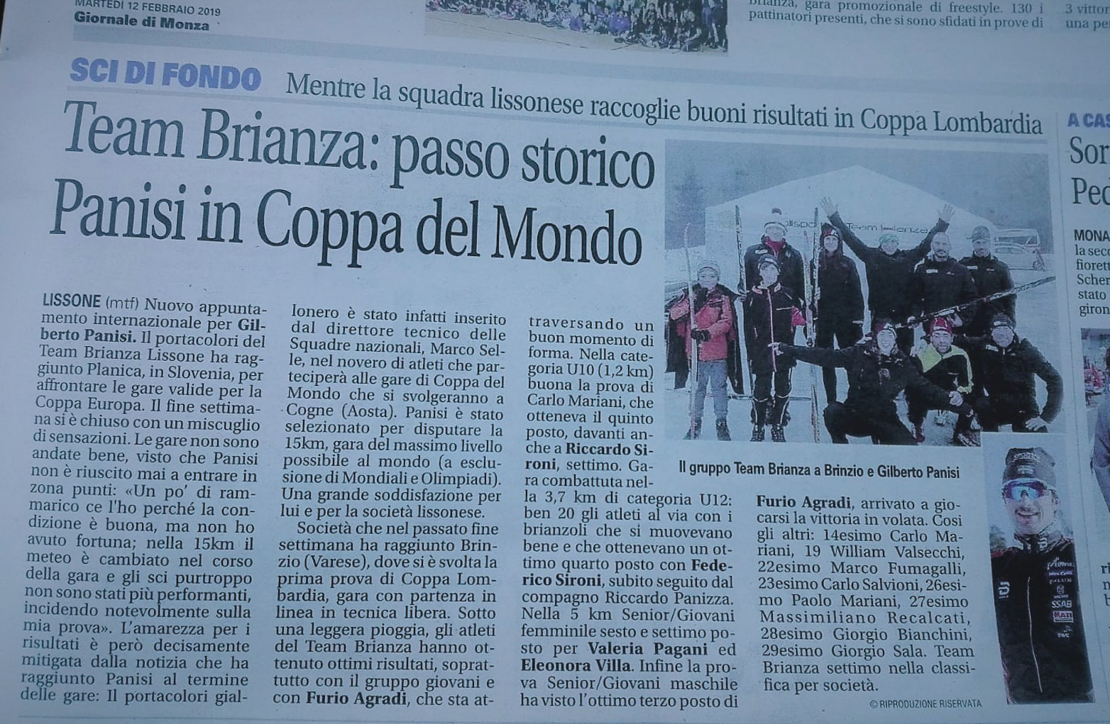 Articolo del Giornale di Monza di martedì 12 febbraio 2019